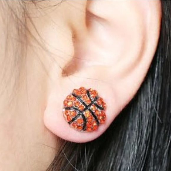 Basketball Sports Stud Earrings - Rhinestone Crystal Bling, Athletic Fashion - Picture 2 of 4
